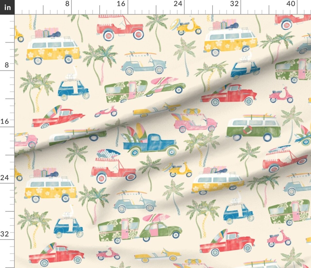 Beach Cruisers Surf Cars Surfing Palm Trees Retro Custom Printed Fabric by Spoonflower Various Fabrics by the Yard or Fat Quarter